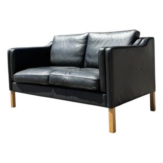 Mid-Century Modern Black Leather Loveseat | Vintage Two Seater Sofa For Sale