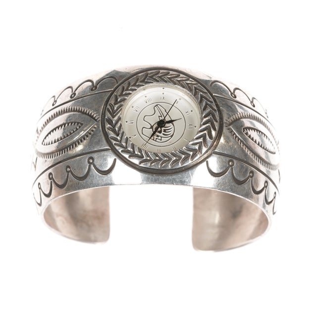 Contemporary 6.5" Carson Blackgoat Navajo sterling watch cuff bracelet hand stamped For Sale - Image 3 of 10