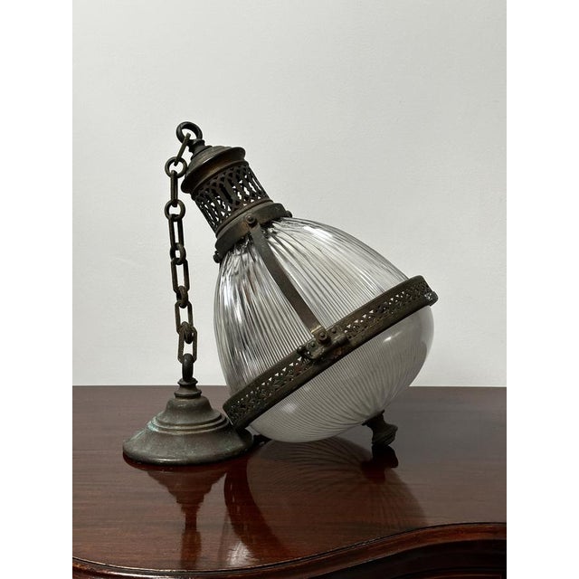 Vintage French Caged Holophane Glass Pendant Light, 1920s For Sale - Image 3 of 7