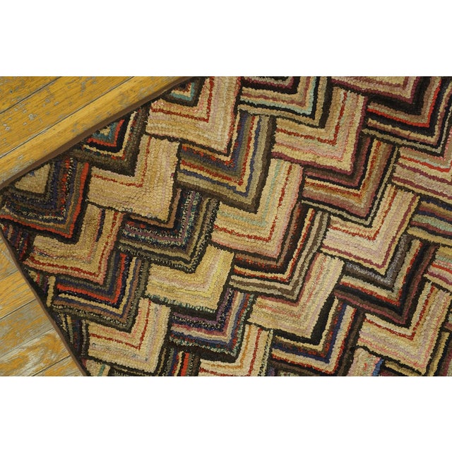 1920s Multi Brown Zig Zag Folk Art Antique American Hooked Rug 2' 7'' X 4' 6'' Handwoven Wool Carpet For Sale - Image 12 of 13