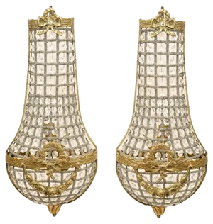 French Ormolu Crystal Glass Wall Lights, Set of 2
