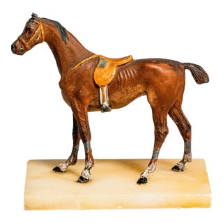 Charming Miniature Antique Austrian Cold Painted Cast Metal Horse Sculpture Statue Marble Base Equestrian Home Decor For Sale