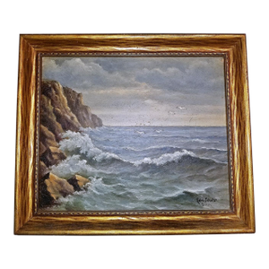 Seaside Breaking Waves, 1950s Painting, Edmund Schultz