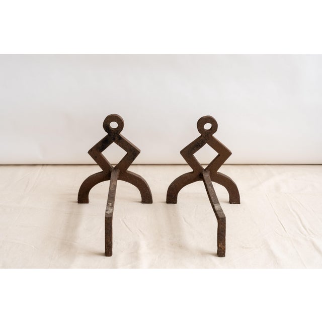 Metal Early 20th Century Geometric Modernist Iron Andirons - a Pair For Sale - Image 7 of 7
