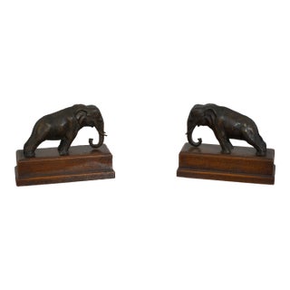Pair Theodore Alexander Bronze & Leather Elephant Bookends For Sale