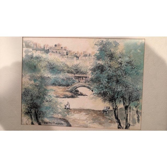An original ink and watercolor landscape by Hiroshi Honda (American, 1910–1970). Crosshatched foliage in teal, blue-green,...
