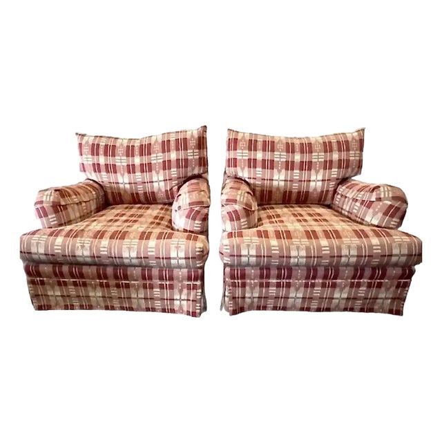 Set of 2 Attributed to Baker Furniture Oversized Club Chairs in Mornas Plaid by Brunschwig & Fils For Sale