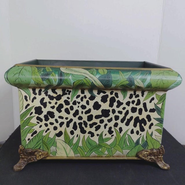 Vintage John Richard Jungle Leopard Print Tole Metal Planter Cachepot W/Brass Lion Head Rings Ornate Feet For Sale - Image 10 of 10