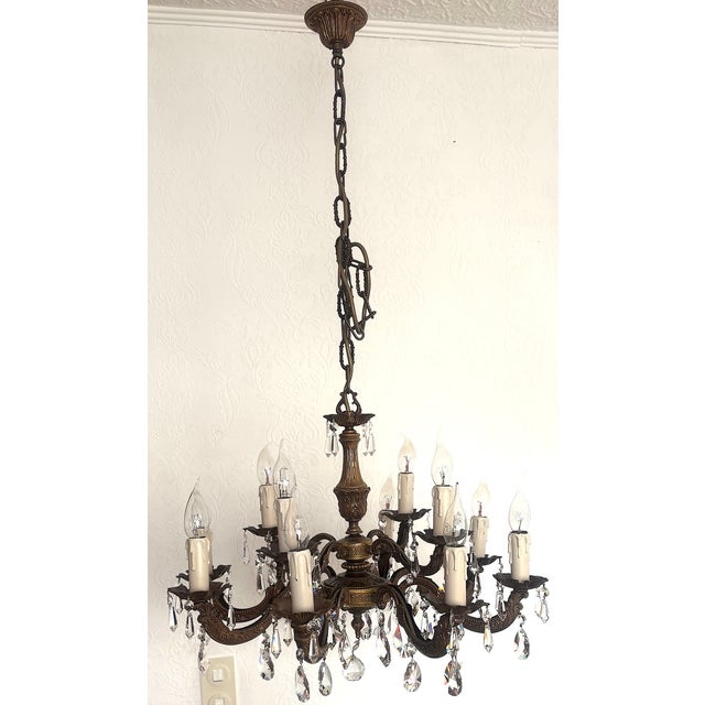 Vintage French Brass and Lead Crystal Chandelier, 1950s For Sale - Image 4 of 14