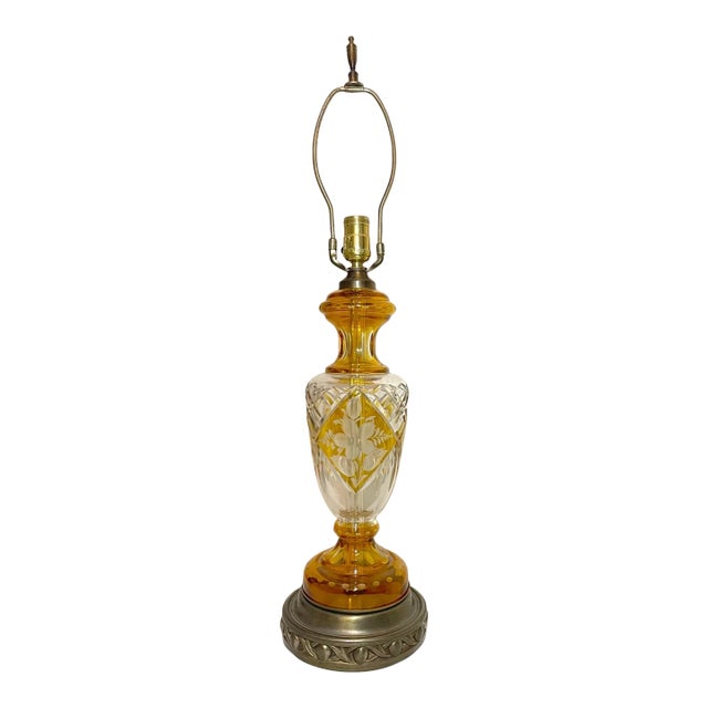 Antique Cut to Clear Bohemian Czech Orange Clear Glass Crystal Table Floral Lamp For Sale