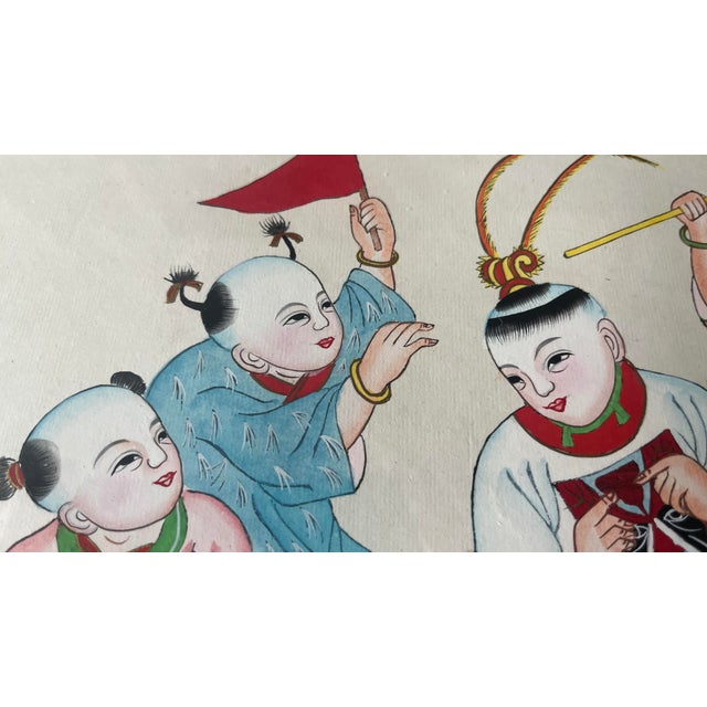 Chinese Antique Oil Painting of Chinese Children Playing Warriors - Unsigned Unknown Artist For Sale - Image 3 of 7