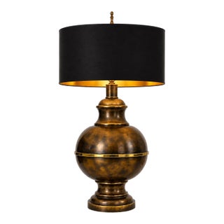 Grand Vintage Brass & Bronze Urn Table Lamp With Black & Gold Drum Shade For Sale