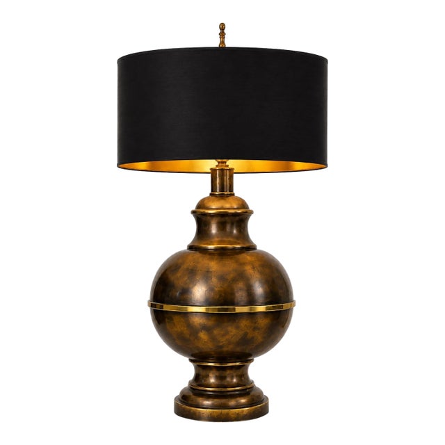Grand Vintage Brass & Bronze Urn Table Lamp With Black & Gold Drum Shade For Sale