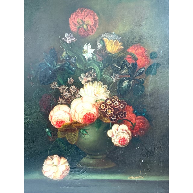 Wood 1930s Orlando Still Life Flowers Signed Oil on Canvas Ornate Gilt Frame For Sale - Image 7 of 10