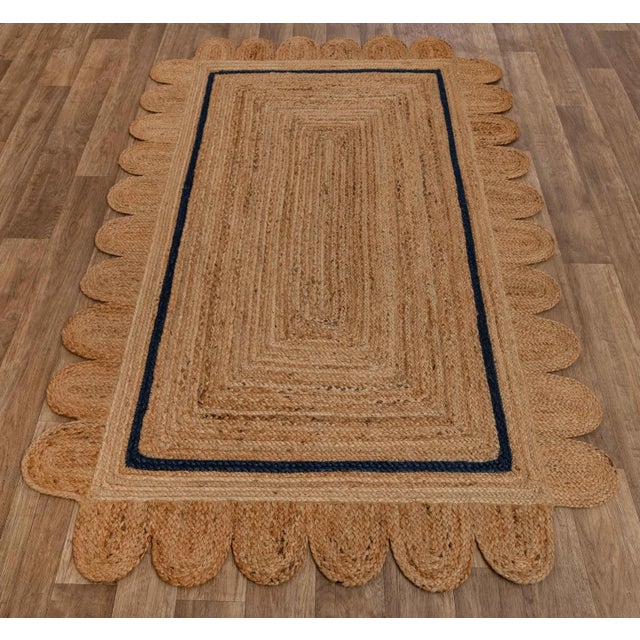 2x4ft. Navy Single Border Braided Jute Scallop Rug For Sale - Image 4 of 10