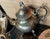 Here is an elegant rich looking 6 piece silver plate tea service including; kettle on stand which still has the burner,...