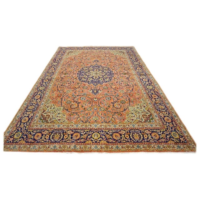 Antique Persian Tabriz Pahlavi Wool 11x17 Orange, Blue & Green Handmade Area Rug #9902606 For Sale - Image 4 of 13
