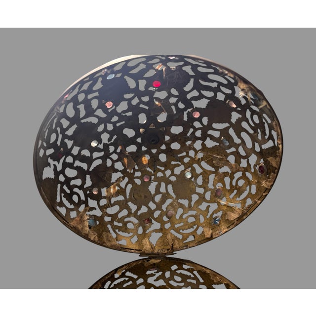Vintage Japan Ornate Cut Out Brass Hanging Lamp Light Fixture w Faceted Jewels In good condition showing some typical age-...