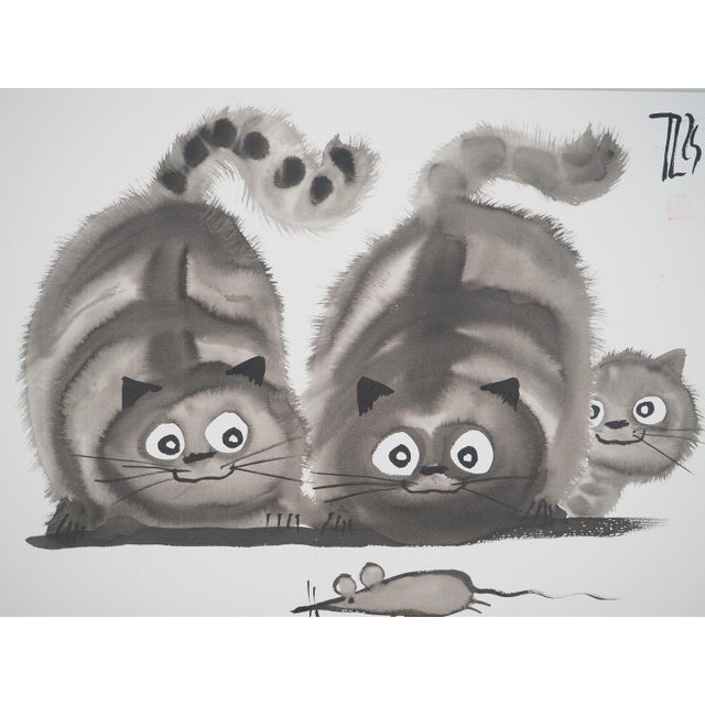 Laszlo TIBAY (1962)A pair of cats hunting and their kittenOriginal drawing in ink and washSigned in the upper right...