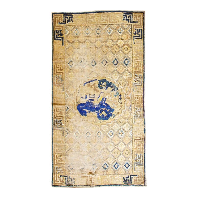 1880s Antique Camel Ground Geometric Foo Dog Knotted Chinese Ningxia Rug For Sale