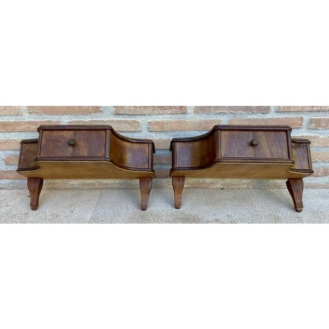 French Wall Bedside Tables in Walnut, 1920s, Set of 2 For Sale - Image 3 of 12