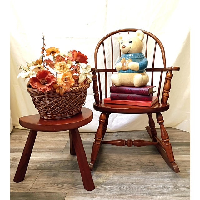 This authentic vintage child-sized sack-back Windsor rocking chair and coordinating footstool set was bench-crafted in the...
