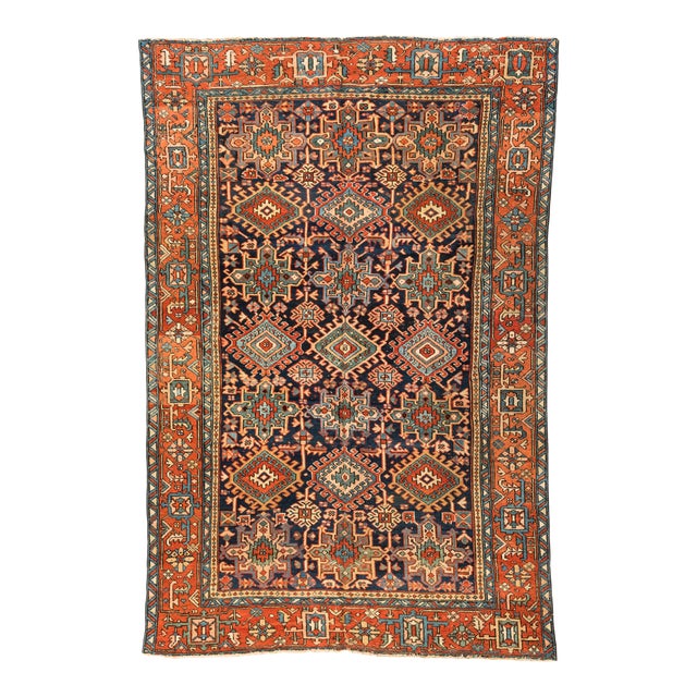 1920s Persian Red Green Navy Geometric Tribal Karaja Rug For Sale
