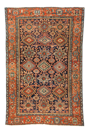 1920s Persian Red Green Navy Geometric Tribal Karaja Rug