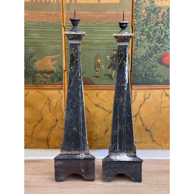 Black Pair of 19th Century Continental Faux Painted Marble Triangular Floor Prickets For Sale - Image 8 of 14