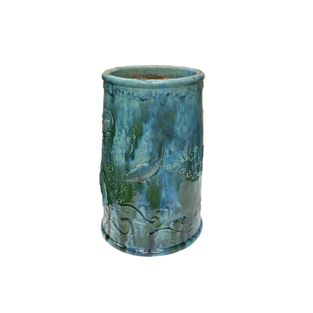 Asian Vintage Distressed Marks Turquoise Green Lotus Fishes Ceramic Holder For Sale - Image 3 of 14
