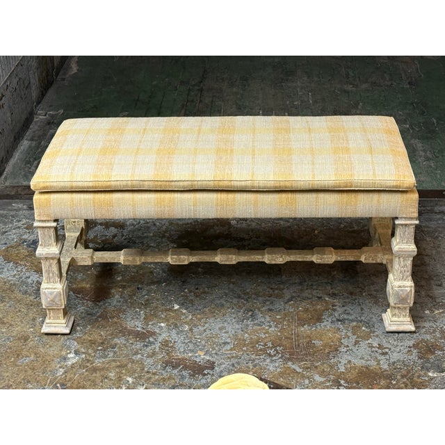 Design Plus Gallery presents a French Country Louis XIII Style Plaid Upholstered Bench. This bench has a rectangular...