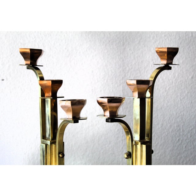 Art Deco 3-Armed Candlesticks in Brass, 1920s, Set of 2 For Sale - Image 9 of 14