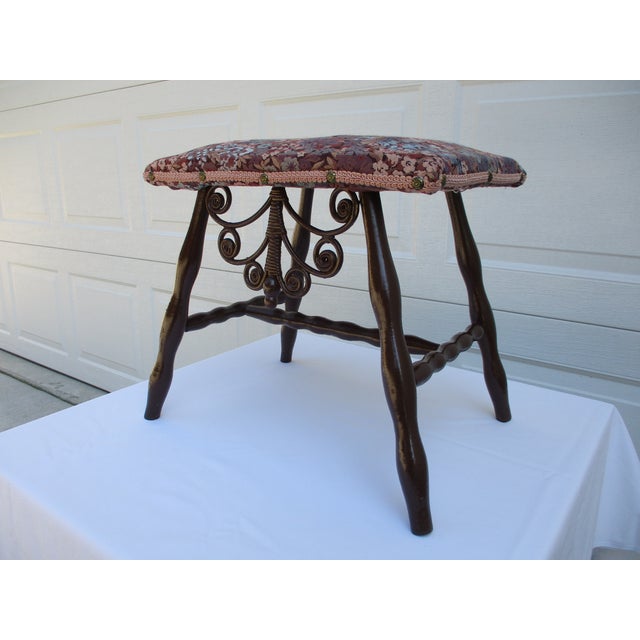 Early 20th Century Tall Decorative Rattan and Wood Stool With Violet Floral Motif Fabric For Sale - Image 5 of 11