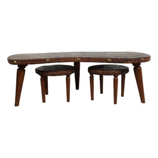 Mid Century Modern Embossed Leather and Teak Coffee Table and Matching Stools For Sale