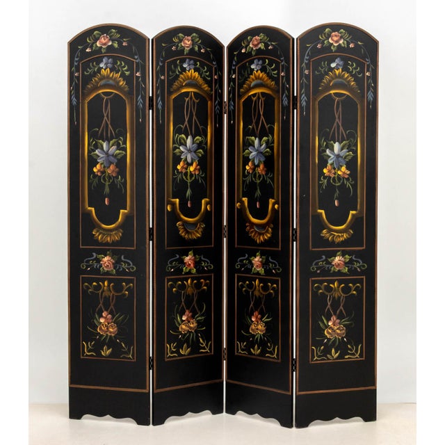 Pair of Victorian Style Paint-Decorated Ebonized Four-Panel Floor Screens, with hand-painted floral motif and gilt...