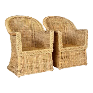 Coastal Organic Modern Large Braid Rattan Side Arm Chairs by Wicker Works-Pair