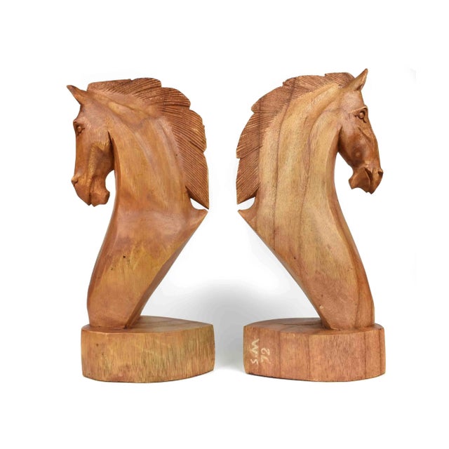 Figurative Late 20th Century Hand Carved Solid Wood Horse Head Bust Sculpture - a Pair For Sale - Image 3 of 7