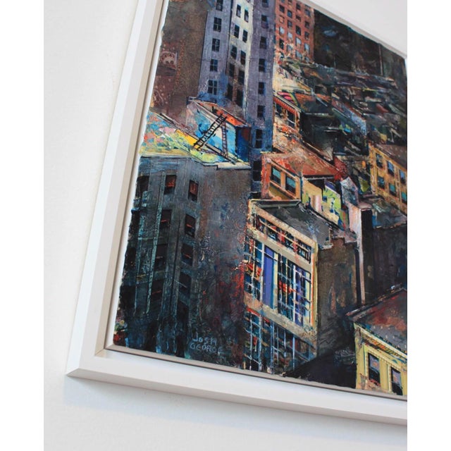 Contemporary Adventure Campaign by Josh George | Mixed media on wood panel Urban cityscape with buildings. For Sale - Image 3 of 5