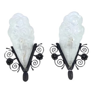 Art Deco Wall Lamps in Wrought Iron from Degué, 1930s, Set of 2 For Sale