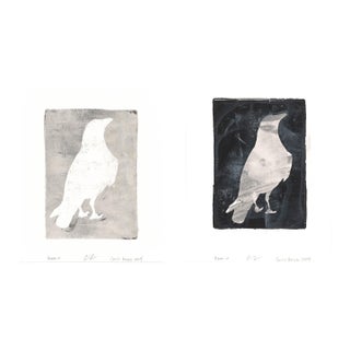Raven 01-02r Original Reproduction Print of Abstract Paintings by Carrie Bergey, White Black Green Grey - Set of 2 For Sale