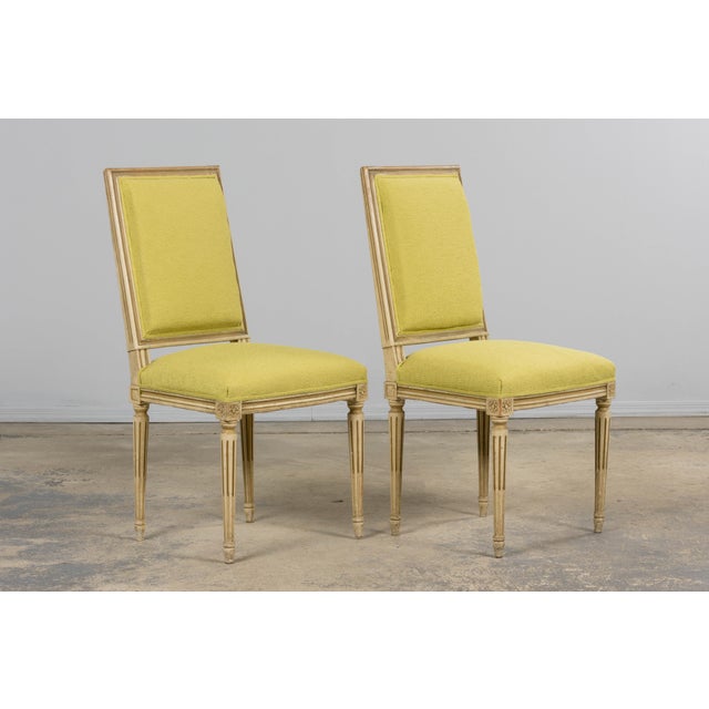 Antique French Louis XVI Painted Accent Side Chairs in Chartreuse Fabric - A Pair For Sale - Image 16 of 18