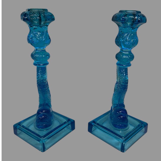 Early 20th Century Early 20th Century Cobalt Blue Figural Dolphin Pressed Glass Candlesticks- Set of 2 For Sale - Image 5 of 9