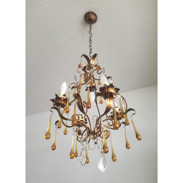 Floral Five-Light Gilded Ceiling Lamp with Crystals and Murano Glass Crystal Drops, 1960s For Sale - Image 11 of 18