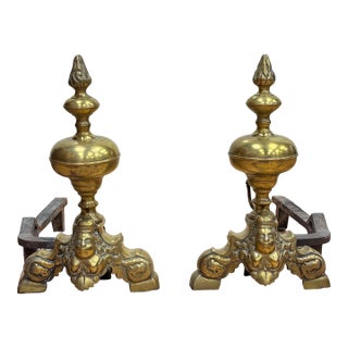Antique French Baroque Brass Fireplace Andirons-Chenets, Pair For Sale