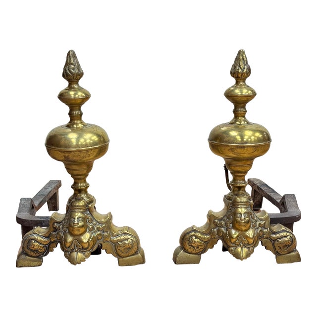 Antique French Baroque Brass Fireplace Andirons-Chenets, Pair For Sale