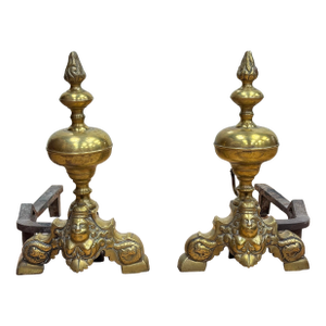 Antique French Baroque Brass Fireplace Andirons-Chenets, Pair