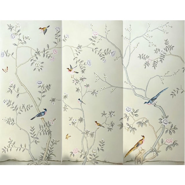 Chinoiserie Floral Bird Wallpaper Panel, Hand Painted Style Botanical Wall Mural, Elegant Asian Inspired Wall Decor For Sale