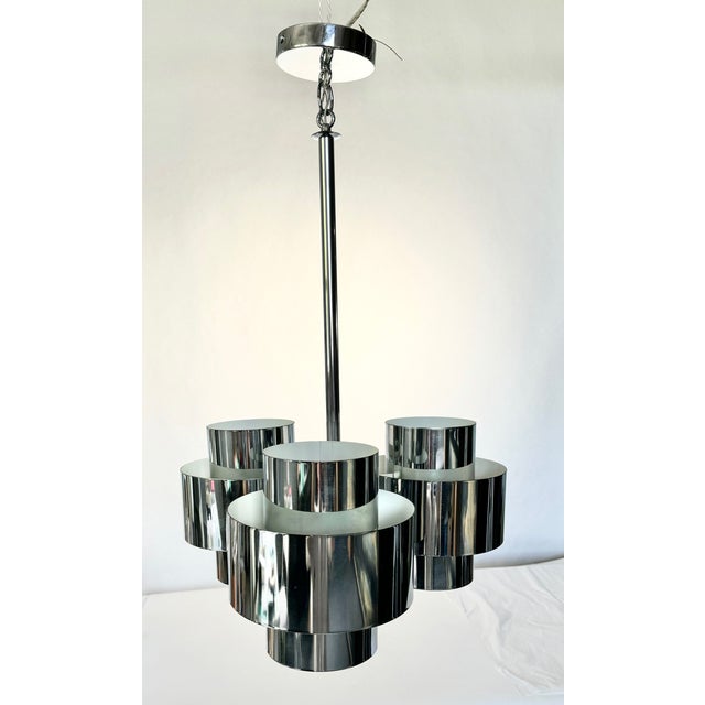 MCM Sciolari Attributed Chrome Sculptural Three Light Ceiling Chandelier. Professionally Rewired June 2024. Very nice...