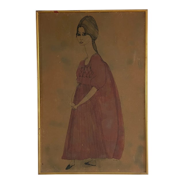 Ink and Watercolor Framed Painting by Iris Brody C. 1960 For Sale