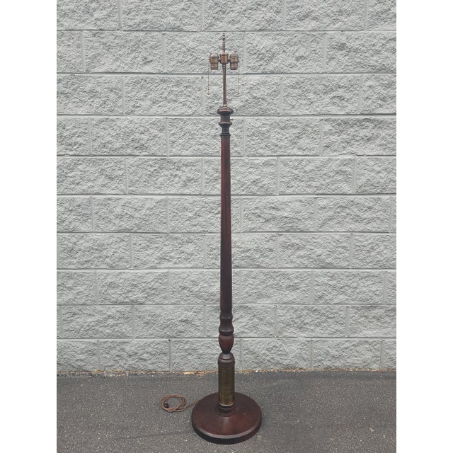 Mid-20th Century Mahogany and Brass Inset Dual Lights Floor Lamp For Sale - Image 11 of 11
